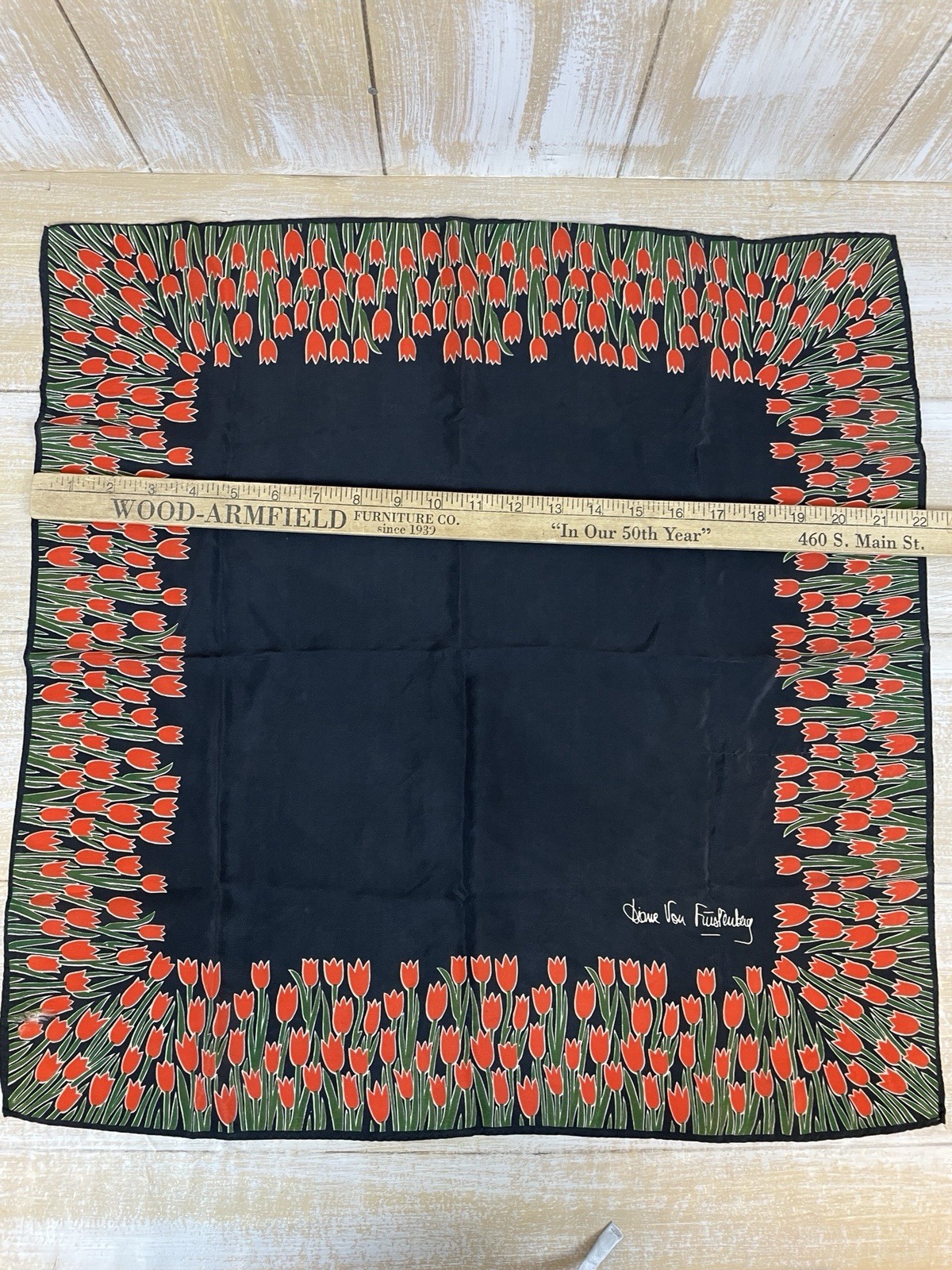 Diane Von Furstenburg Silk Scarf Black W/ Red Tulips Border *read
