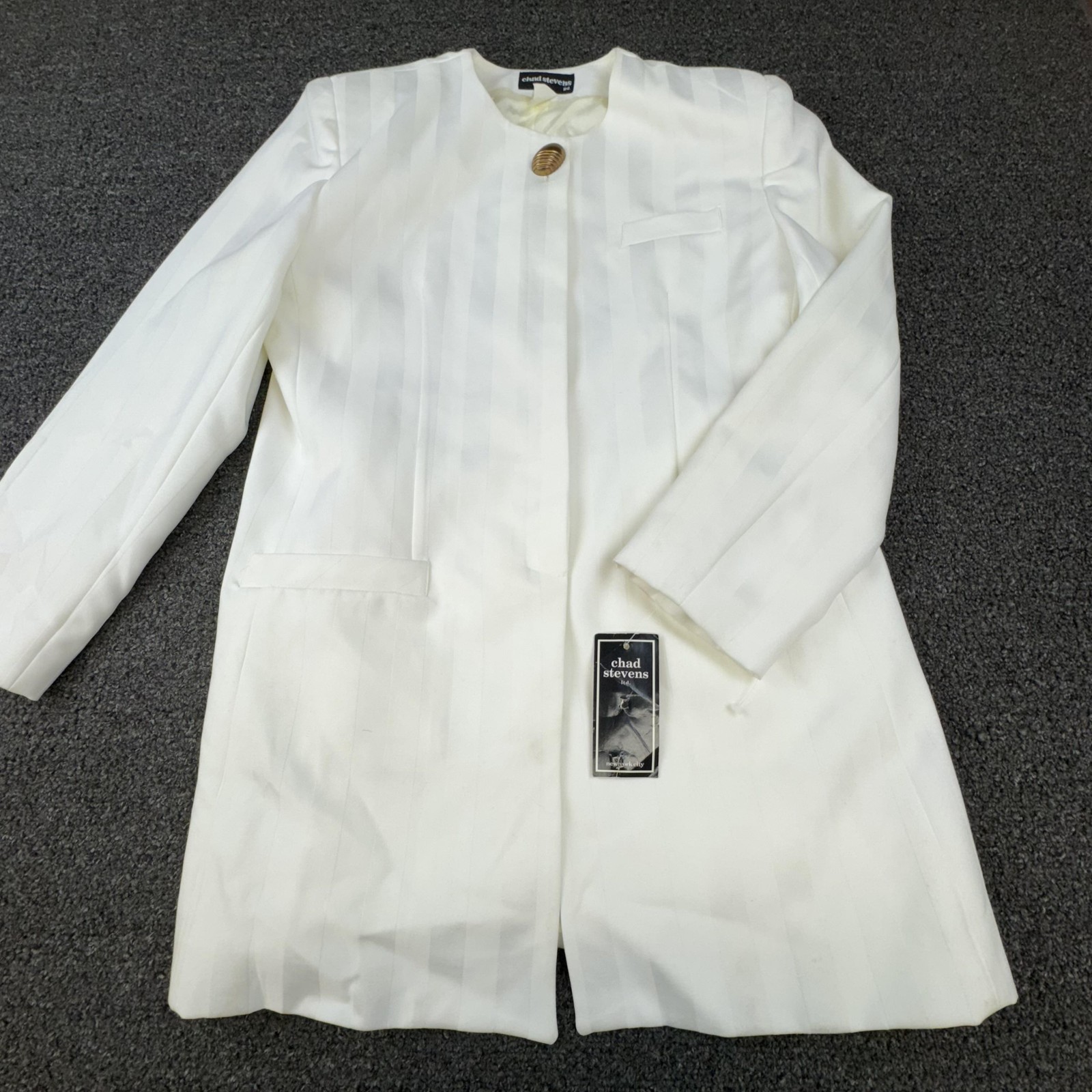 Vintage Chad Stevens Coat Womens 12 White Striped Collarless Overcoat Lined 5280