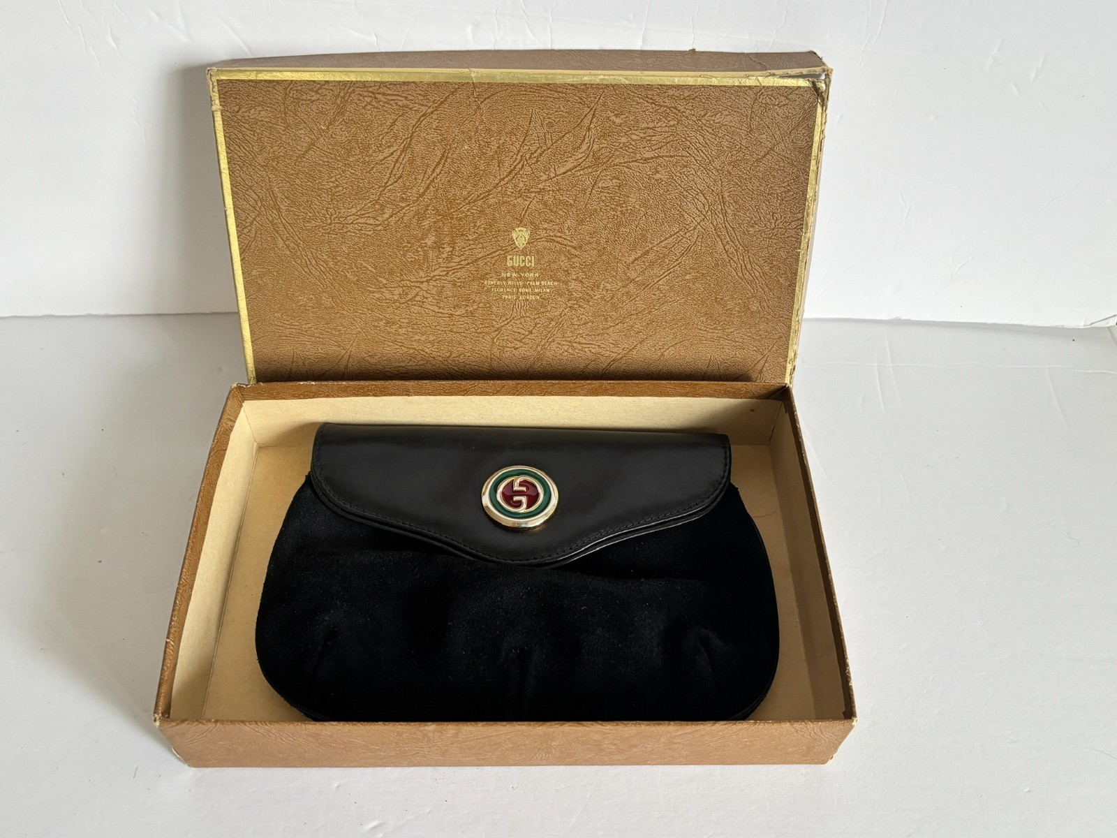 Vintage Gucci Black Suede Leather Clutch Enamel GG Logo Original Box