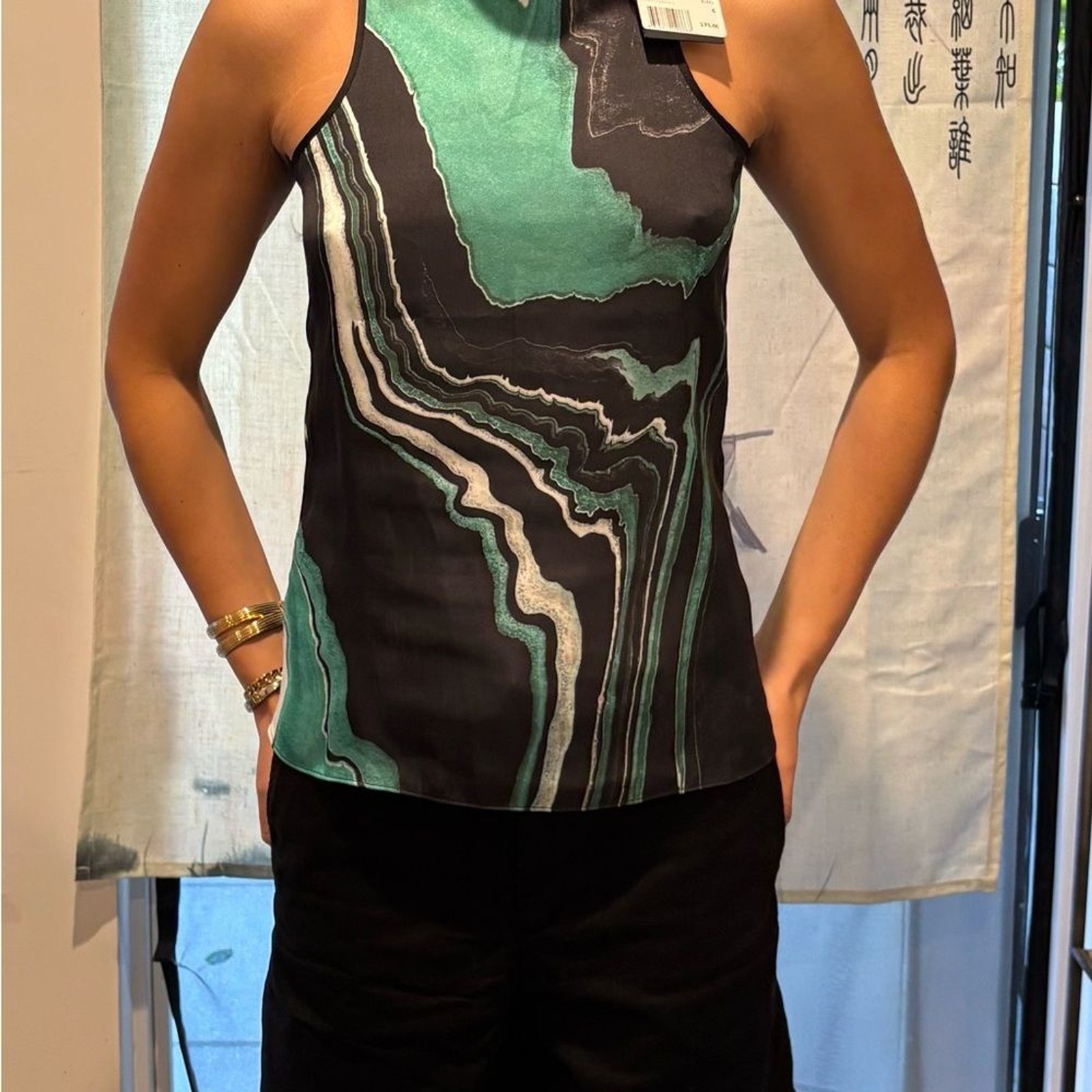 The Kooples Teal and Black Wave Pattern Tank Top Printed Marble