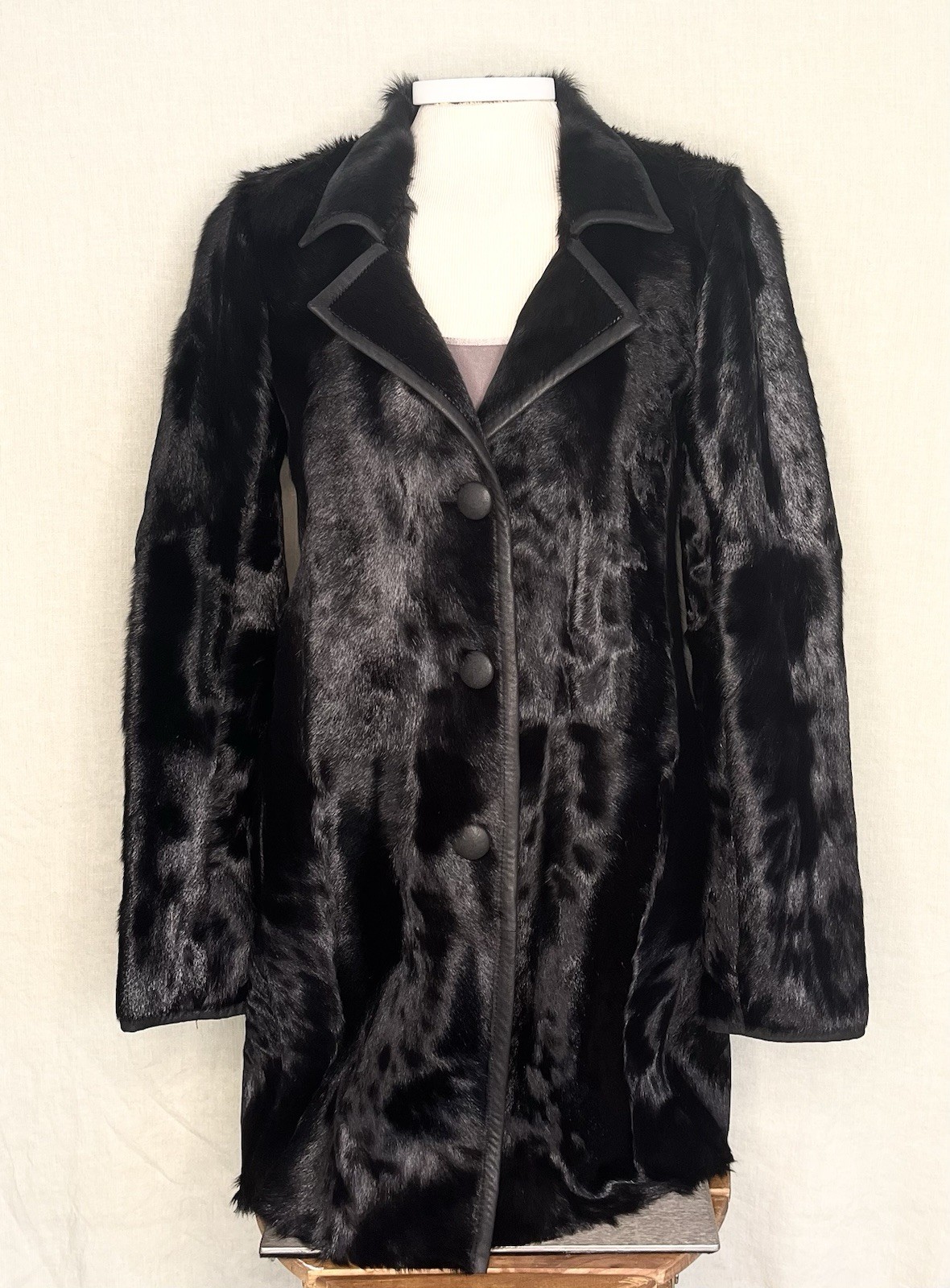 Theory Black Fur Coat Mid-Length Button Front Collared Women S/P