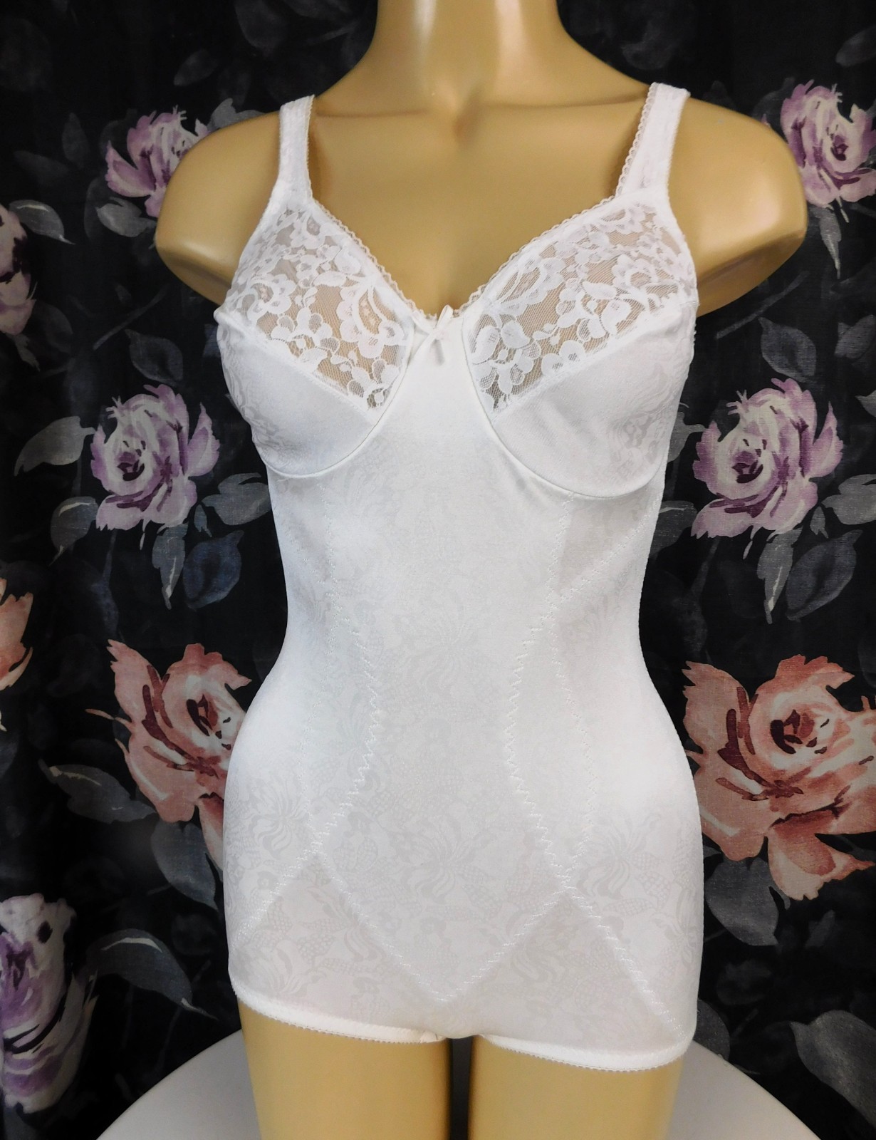 Vintage Flexxees 36B All in One White Satin Girdle Bodysuit Wire Cups-Style 685