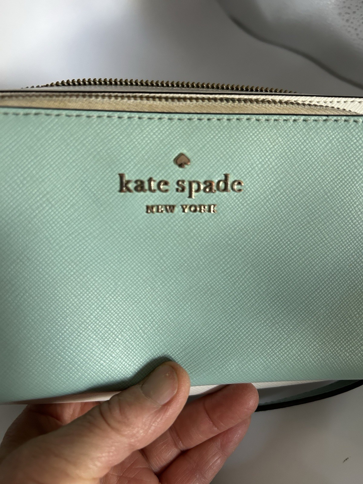 Kate Spade Turquoise and White Zip-Around Small Leather Crossbody Bag