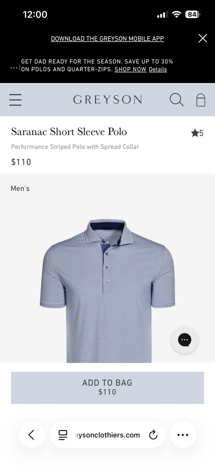 Greyson Saranac Men’s Short Sleeve Polo Shirt, Size L, Canal Blue