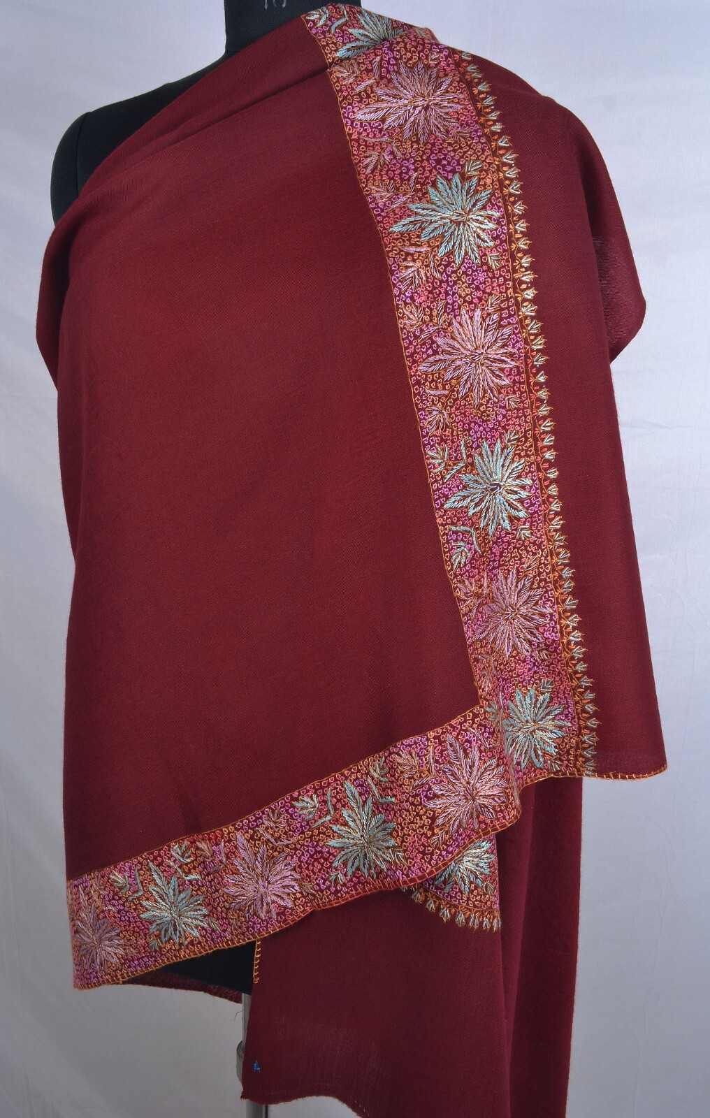 WINE RED SHAWL KASHMIRI BORDER INTRICATE HAND EMBROIDERY 100% CASHMERE PASHMINA