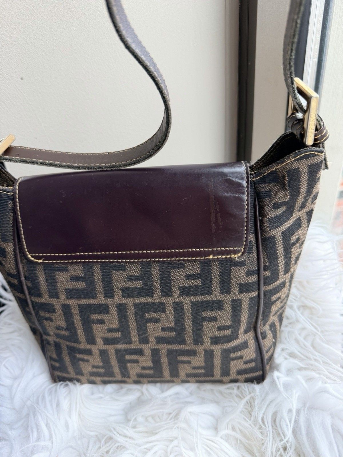 ✨ Authentic Fendi Zucca Shoulder Top Handle Crossbody Bag Canvas & Leather FF