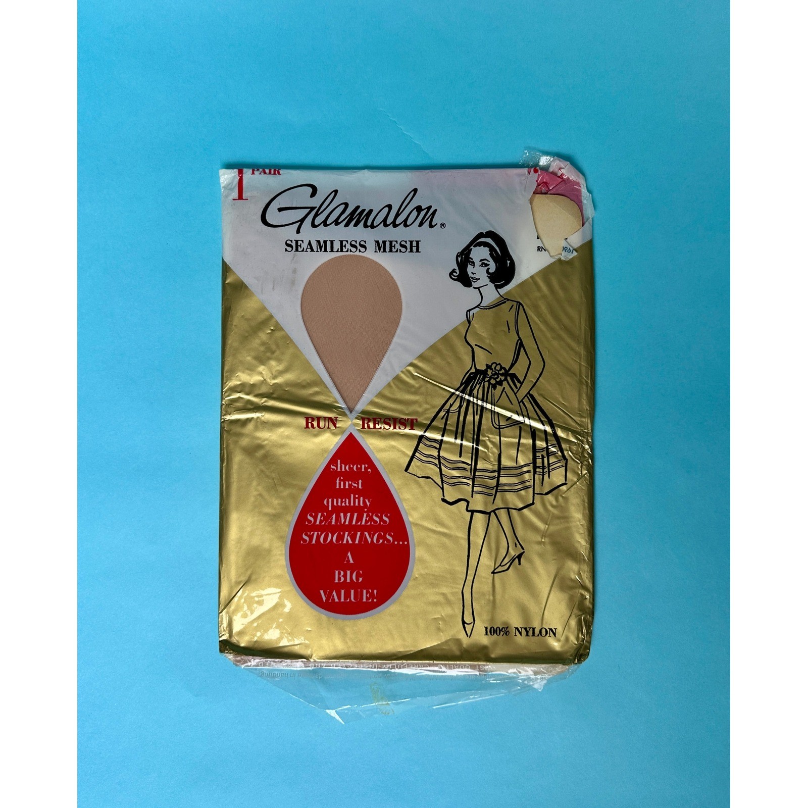 Vintage 1960s Glamalon Seamless Mesh Stockings Deadstock Run Resist Nylon Tan