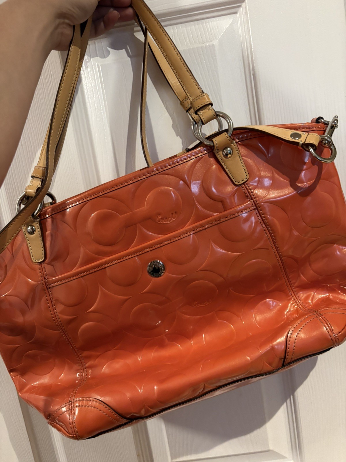 Coach Signature Embossed Leah Orange Patent Leather Tote Shoulder Handbag F14662