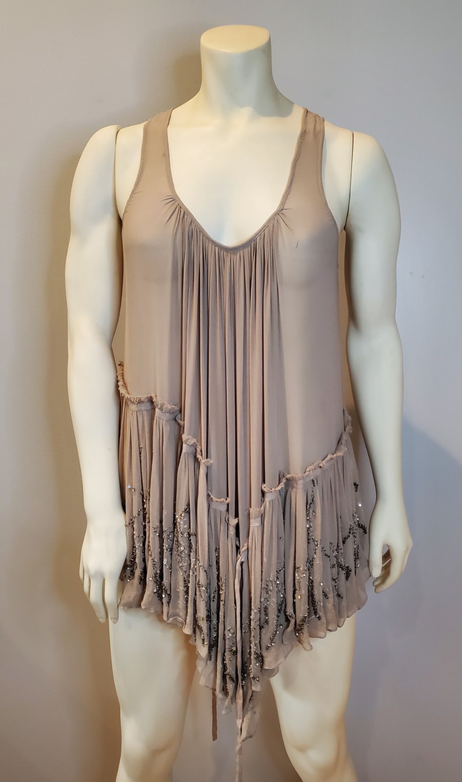 Y2K 2000s Vintage AllSaints Greige Sheer Beaded Tunic Top Mini Dress 6 Sm-M