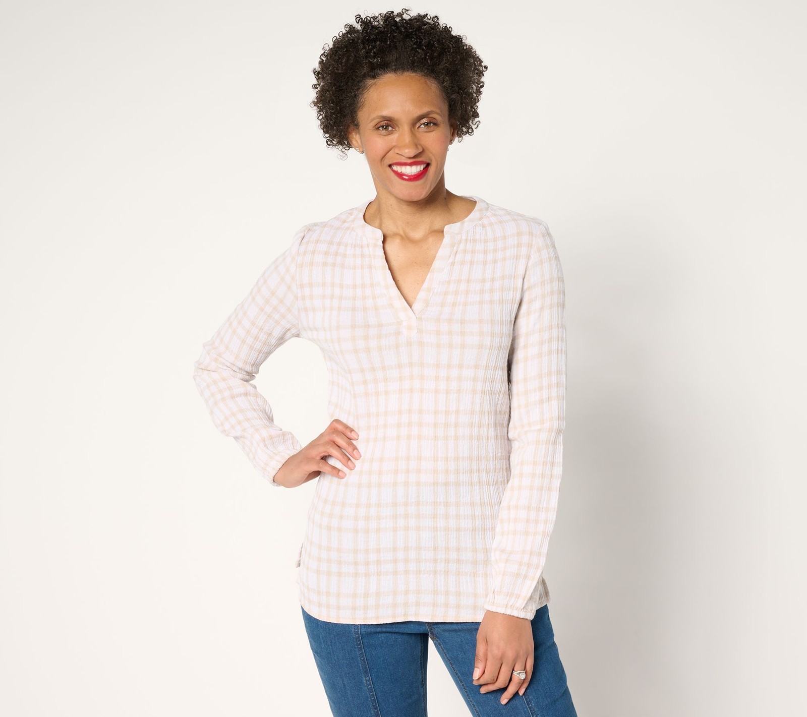 Belle by Kim Gravel Women’s Top Sz L Pucker Perfect Plaid 100% White A679824