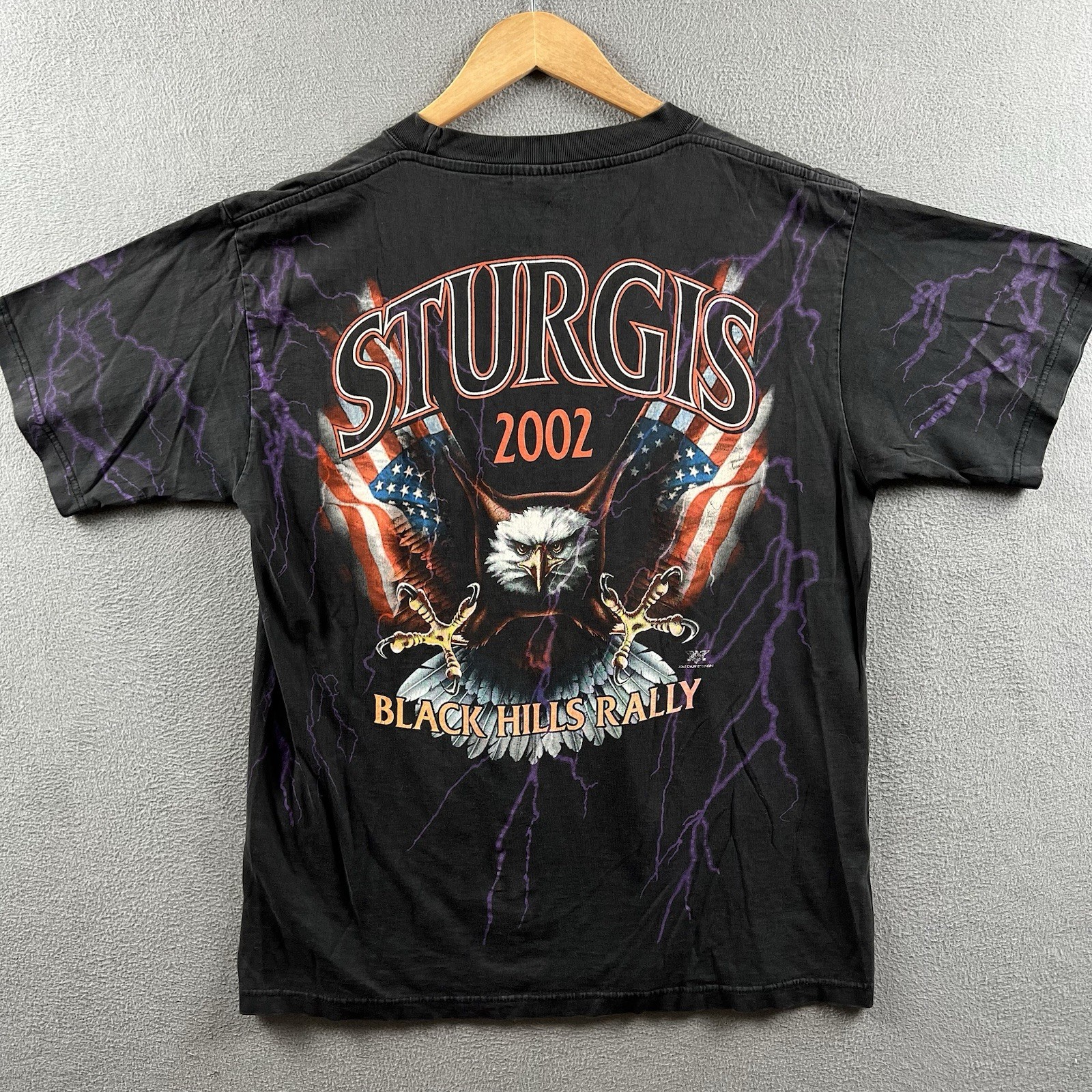 Vintage Sturgis Shirt Mens Large Black Purple Lightning Wolf Biker Rally AOP