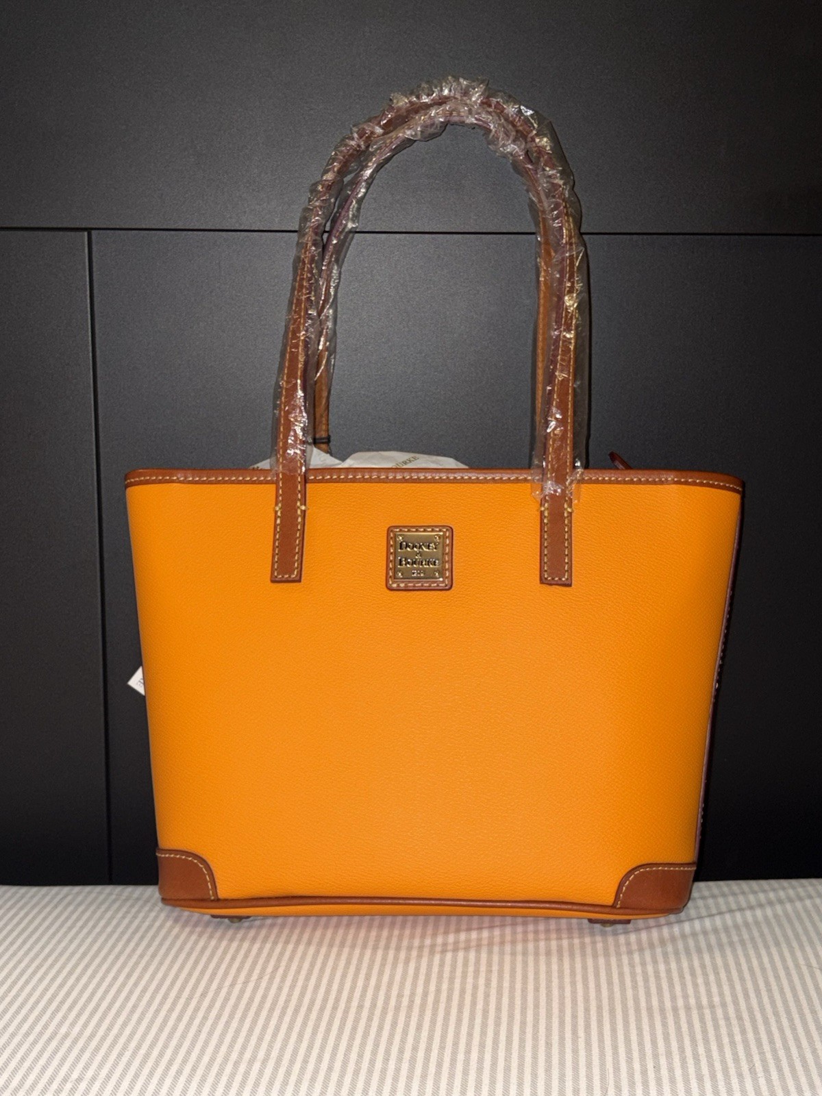 Dooney & Bourke Small Tote Purse Orange/Brown Pebbled Silver Hardware Logo