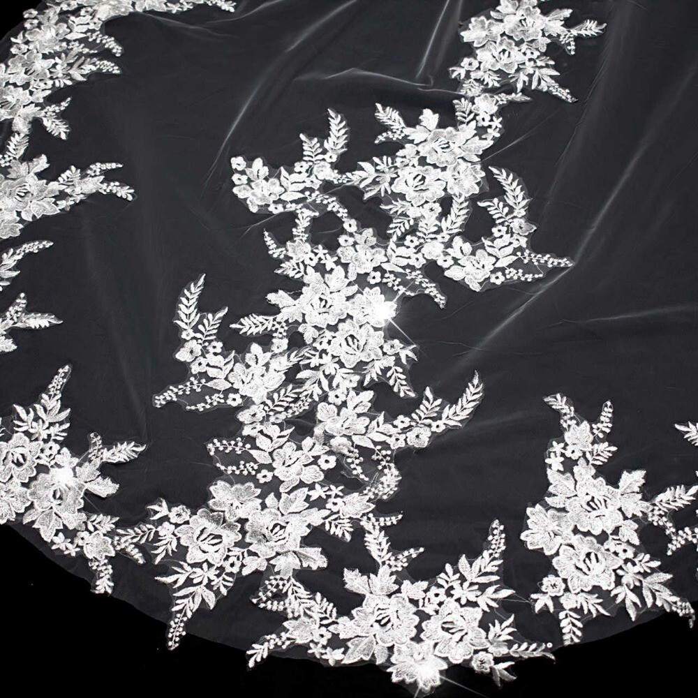 Bridal Wedding Veil Flower Applique Edge Lace Cathedral Length With Comb