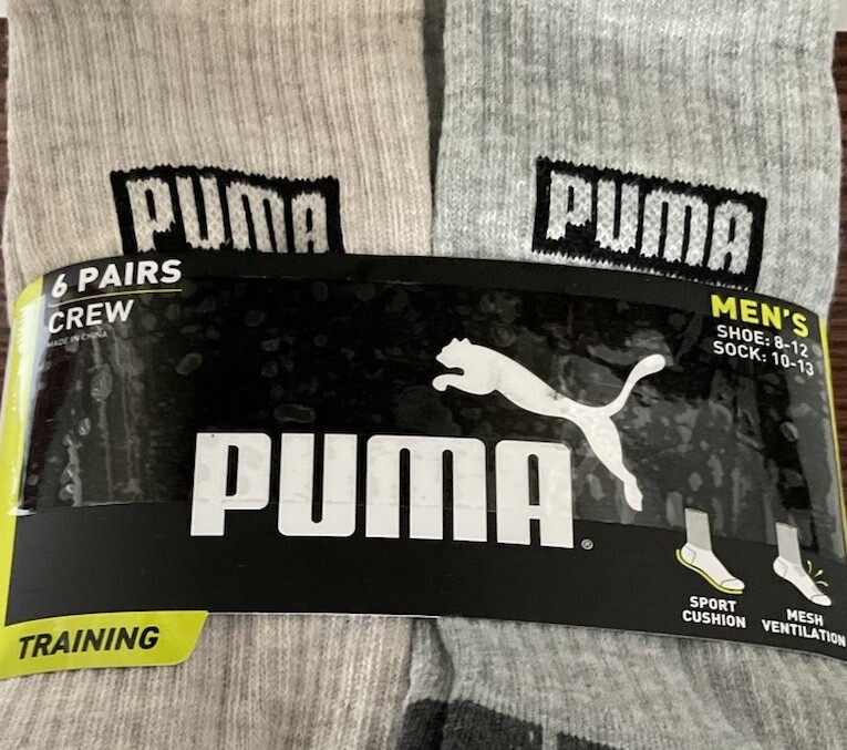Men PUMA Cushioned Crew Mesh Vent. Socks 6 Pairs Size 8-12 Assorted w Logo New