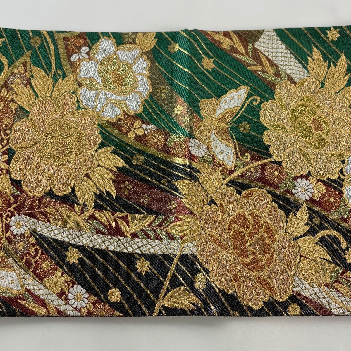 Fukuro Obi Flowers Butterfly Gold Silver Thread Foil Six Panel Green Silk 432cm