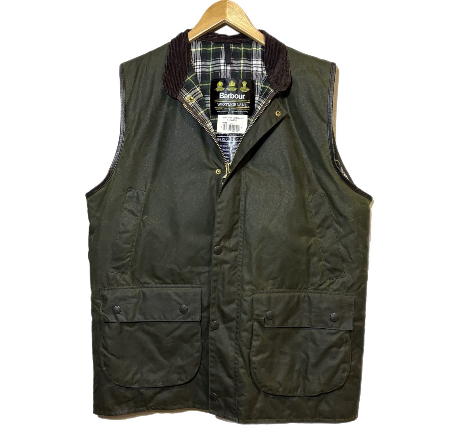 BARBOUR – A22O WESTMORLAND WAX COTTON VEST SAGE MADE IN UK Size XL Rare Zip Up
