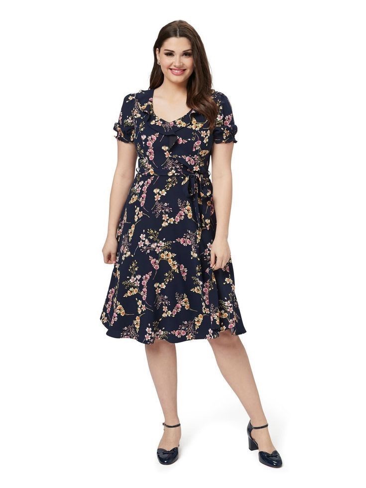 Review Size 8 MELINDA DRESS Navy Floral Fit & Flare Ruffle Belted Midi Dress
