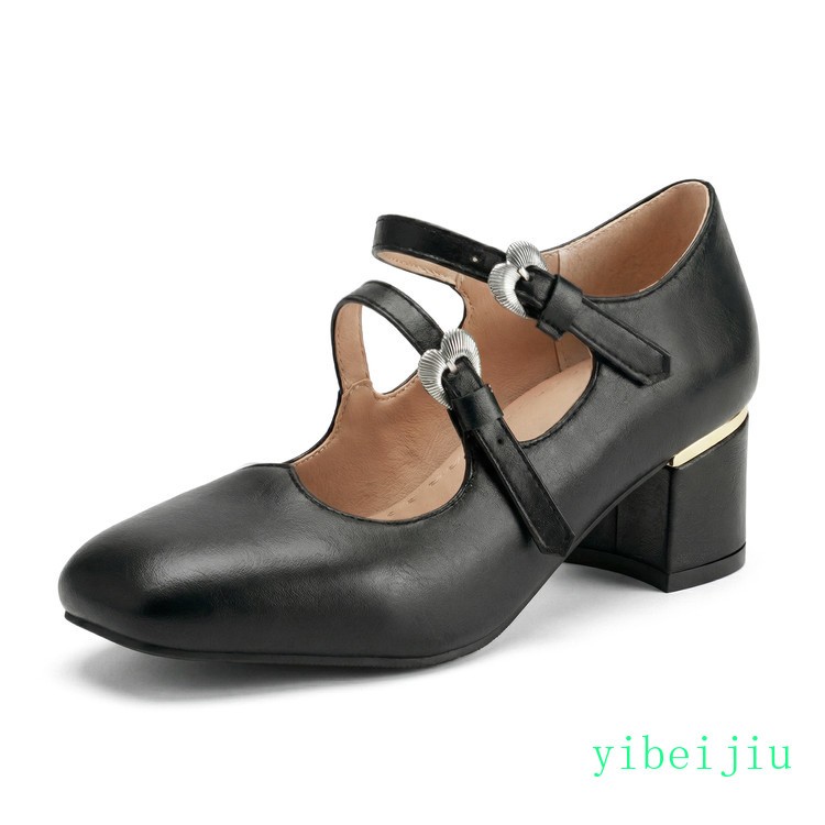 Women’s Mid Low Heel Mary Jane Shoes Faux Leather Pumps Casual Plus Size Vintage