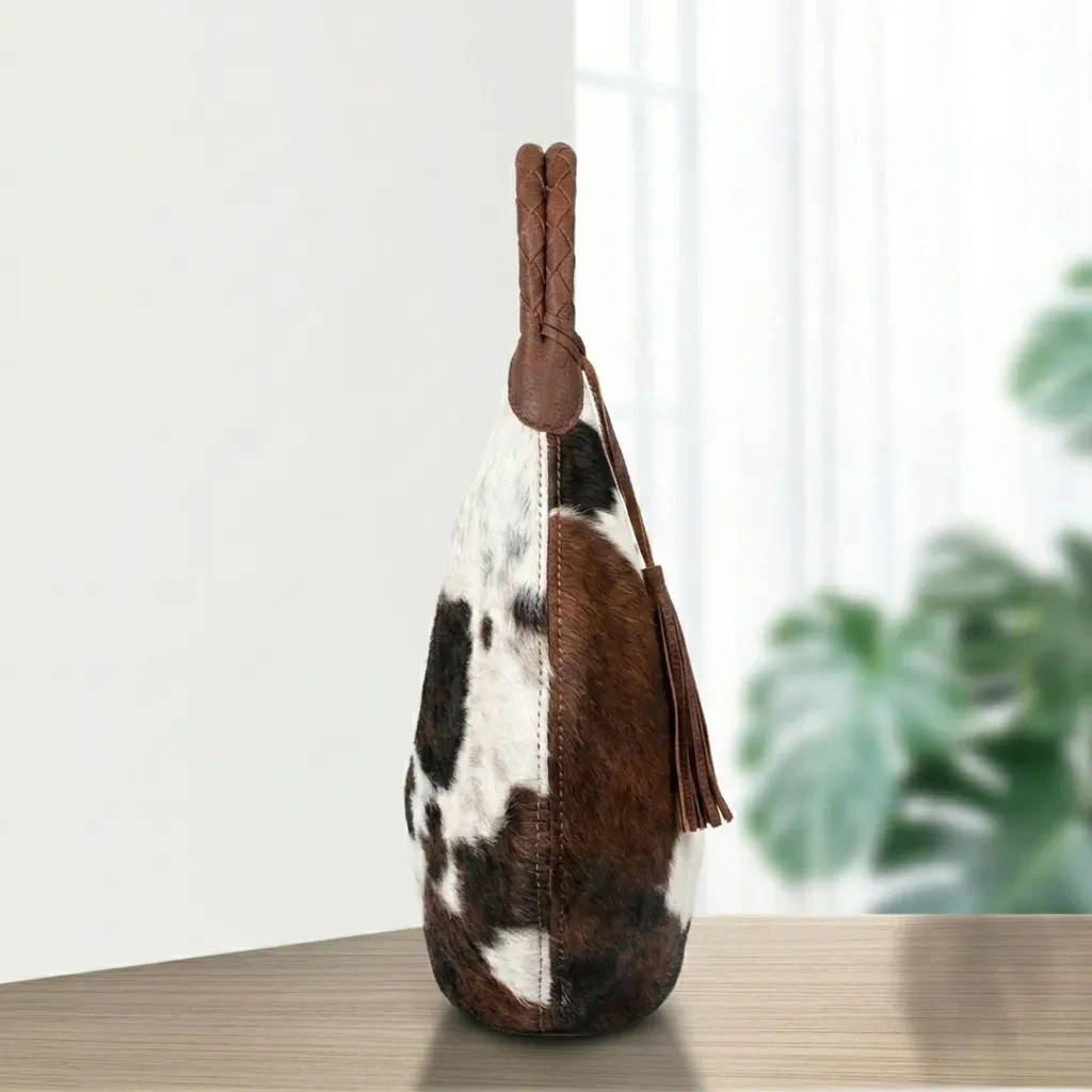 Cowhide Leather Hobo Bag Brown White Cow Print Western Fringe Shoulder Purse