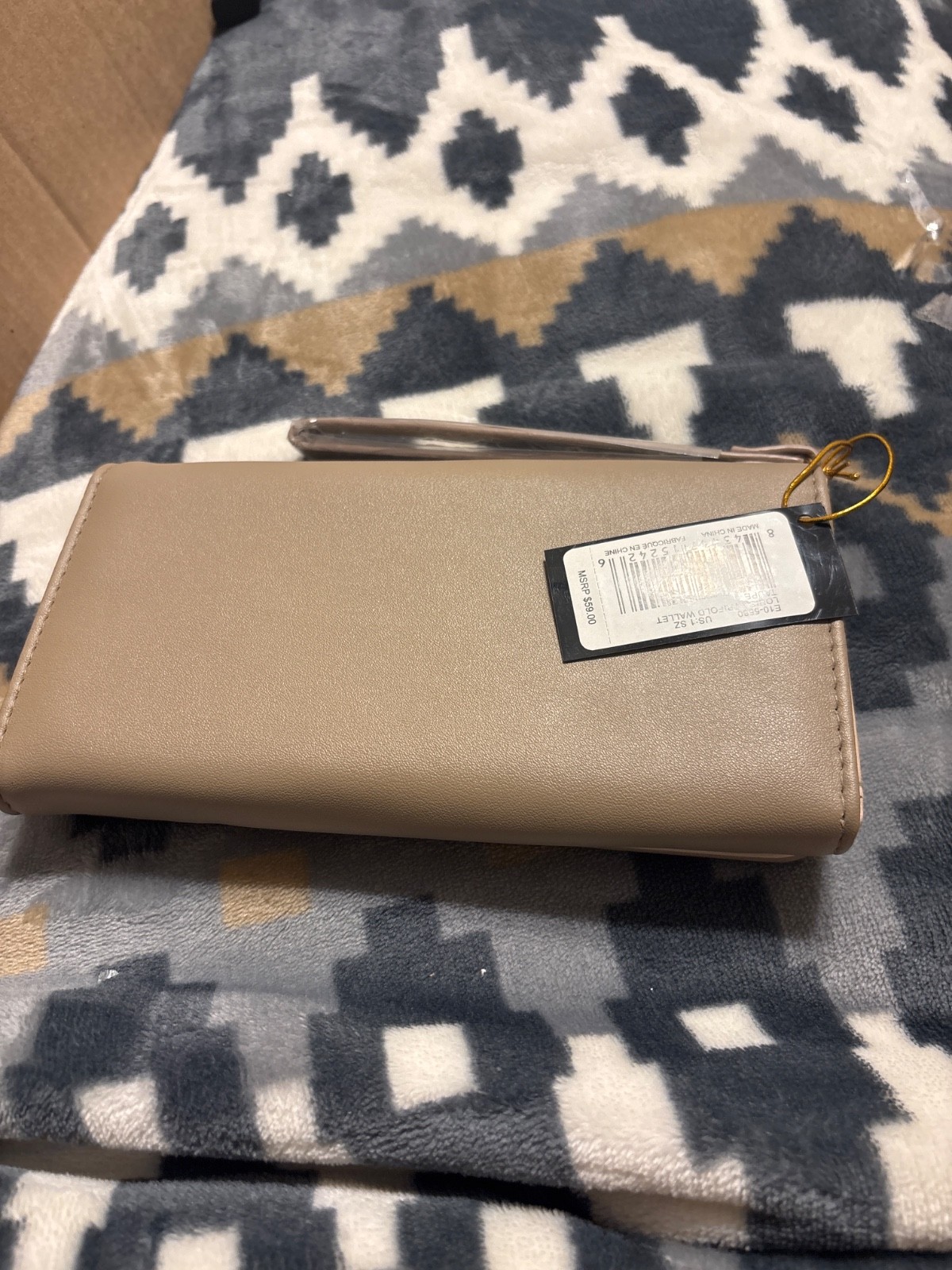bebe Women’s Beige Logo Tri-Fold Wallet with Zipper, Credit Card Slots