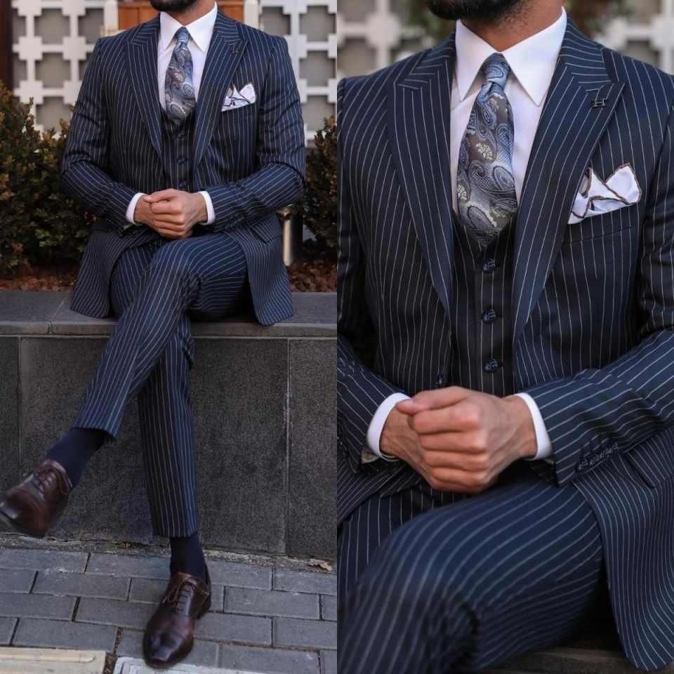 Groom Striped Men Suits Slim Fit Peak Lapel Single Breasted Business Formal Prom