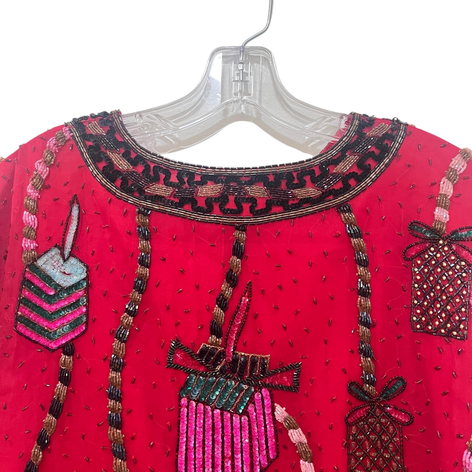 Vintage Scala Beaded Jacket Womens Red Sequin Holiday Party Gift Present L-XL