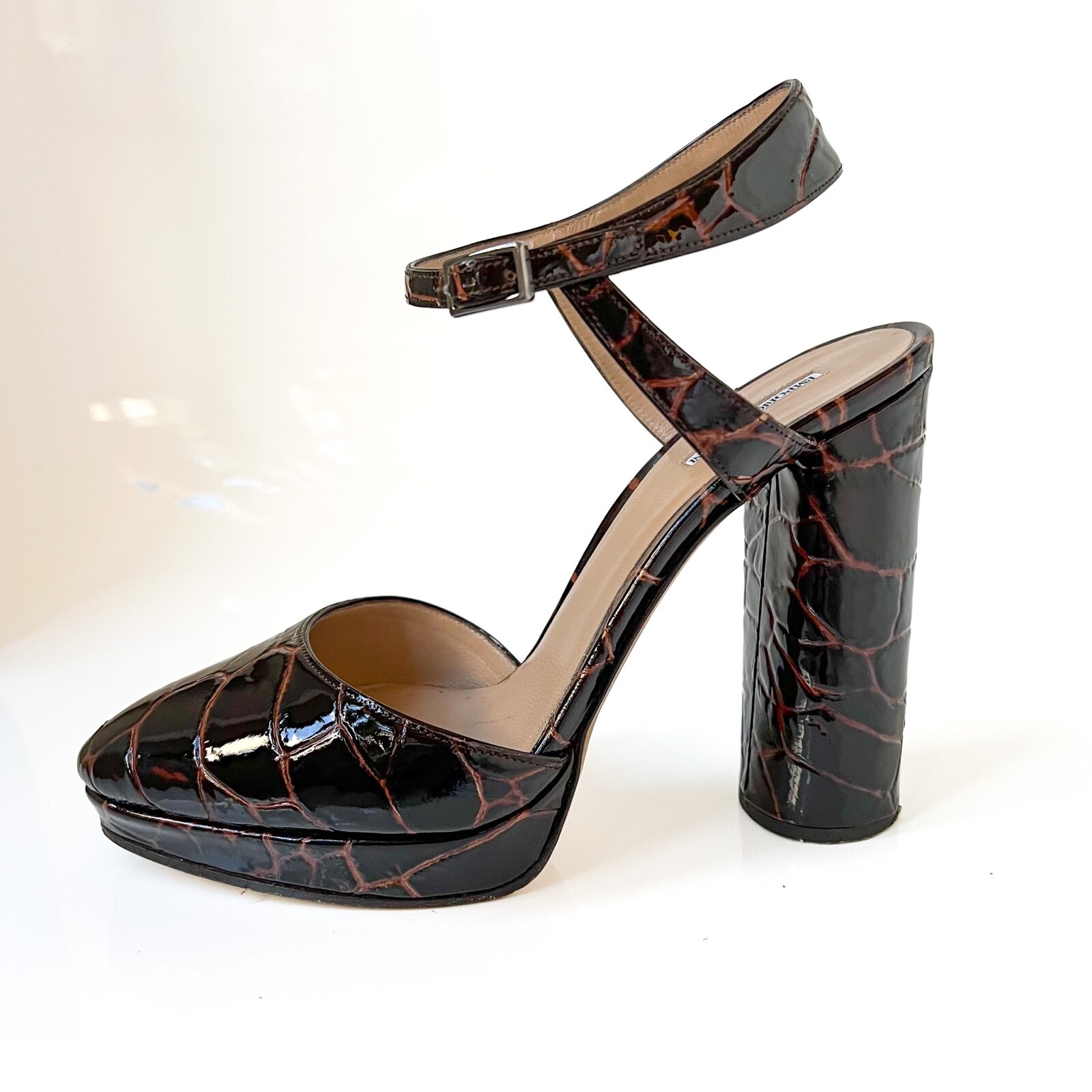 $699 Emporio Armani Coffee Brown Patent Leather Close Toe Sandals High Heel 39