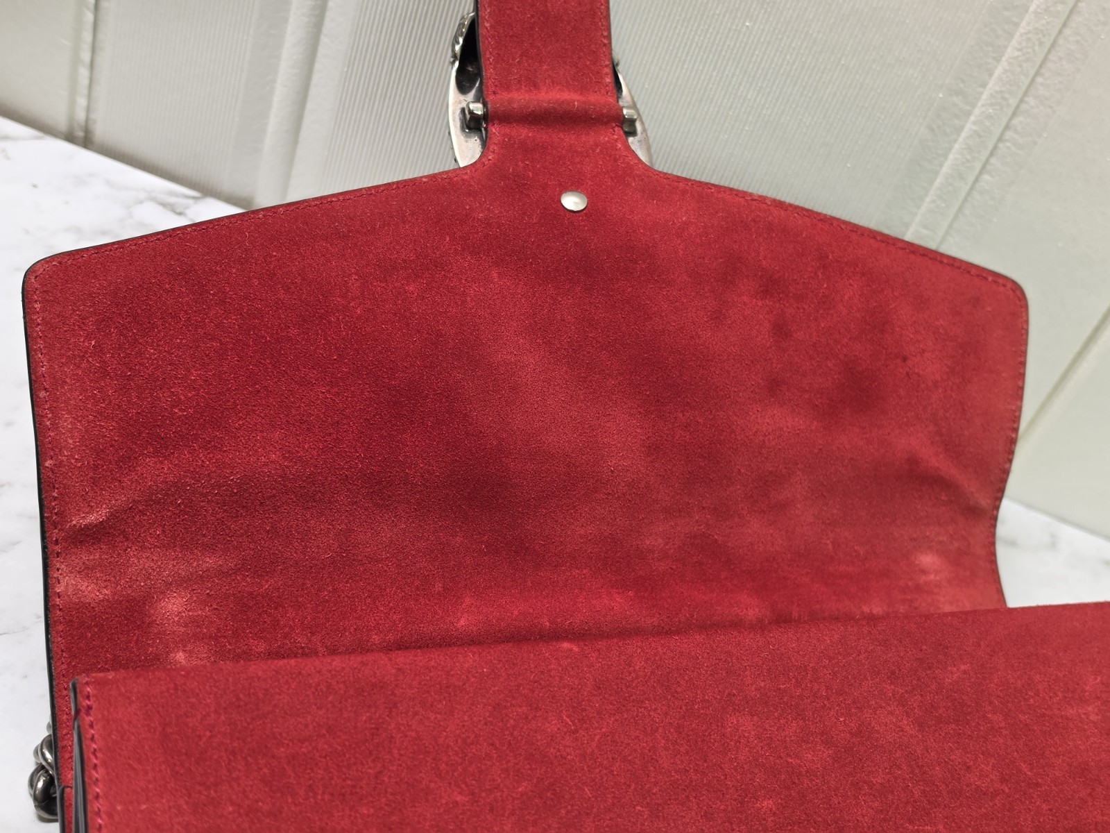 Gucci Dionysus GG Supreme Large Shoulder Bag Beige/Ebony with Red Suede Trim