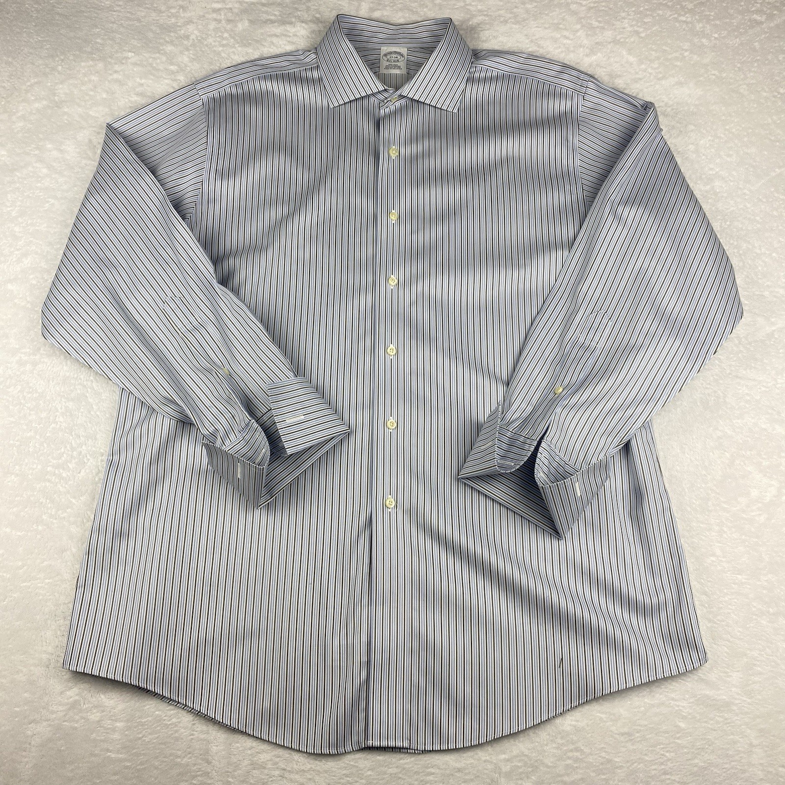Brooks Brothers Dress Shirt Men’s 17-34 Blue/Olive Stripes French Cuffs No Iron