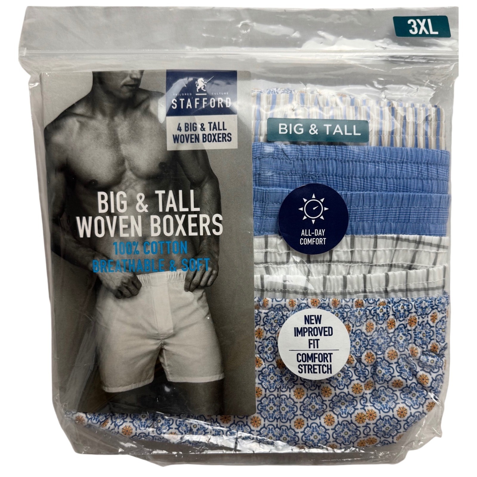 Stafford Mens 4 Pack Big & Tall Woven Boxers 3XL Blue Gray Cotton