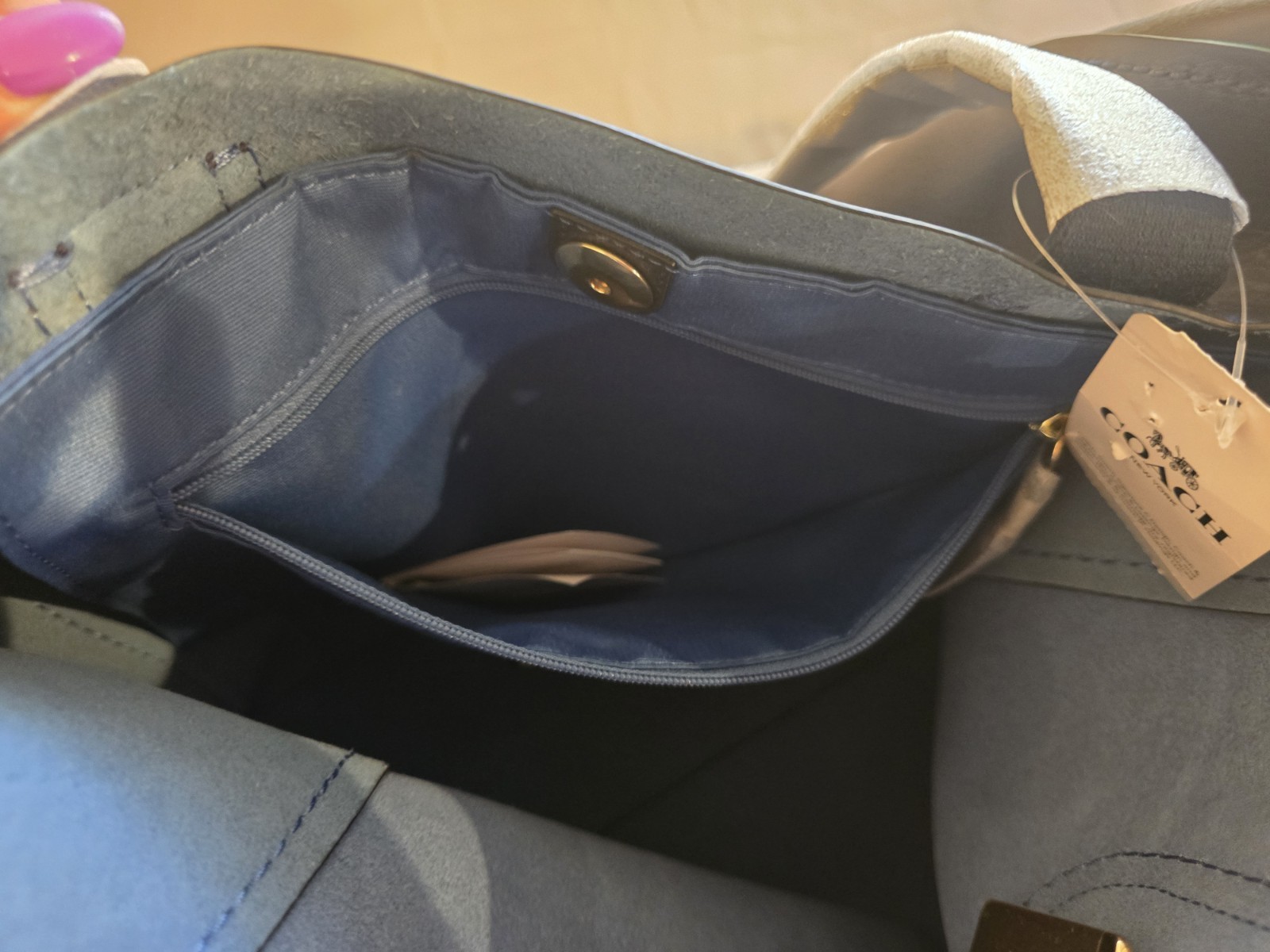 Coach Derby Tote Pebble Leather Shoulder Bag Navy Blue W/ Gold Coach Tag