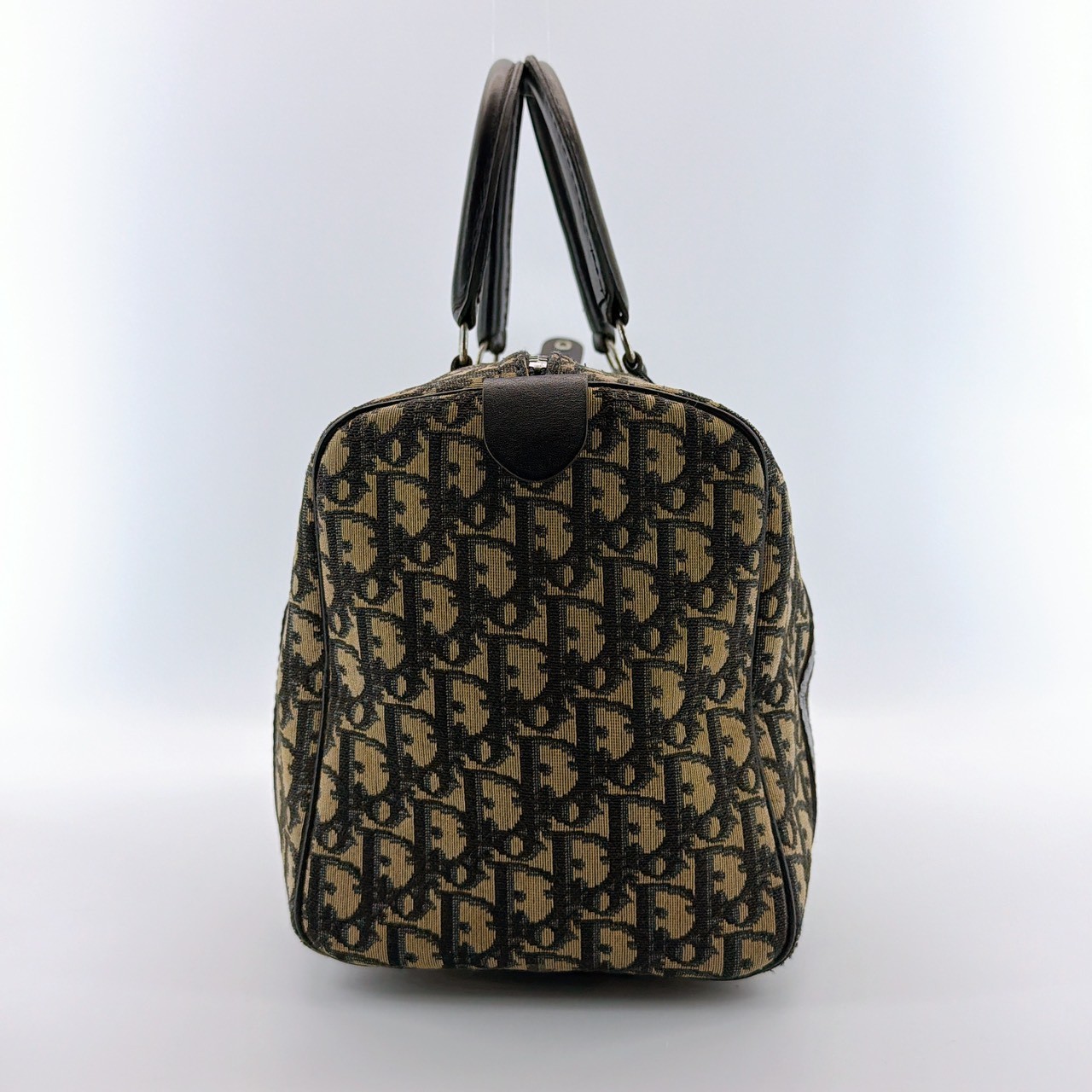 Auth Christian Dior Trotter Pattern Canvas Beige Navy Boston Bag 303Q1