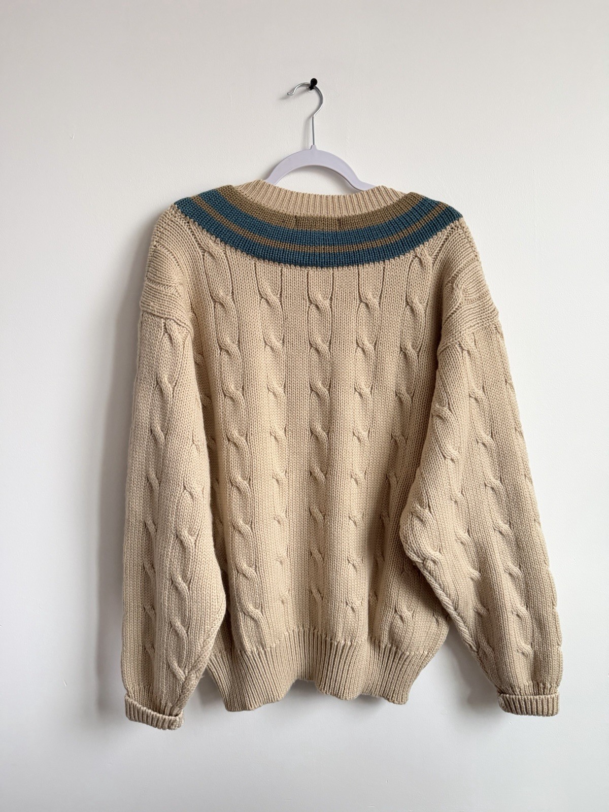 Faconnable Beige Blue Green Cable-Knit V-Neck Pullover Sweater XL Striped Trim