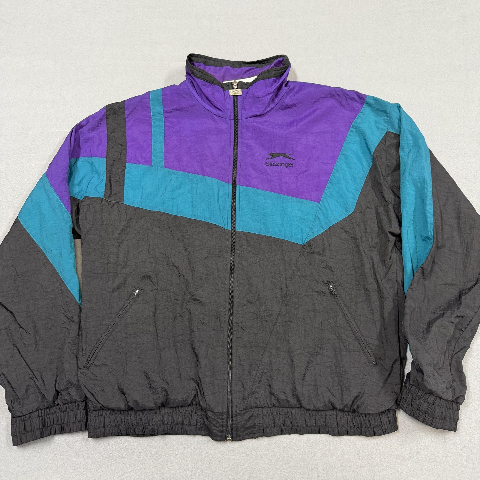 Vintage Slazenger Jacket Mens Large Purple Teal Nylon Colorblock Windbreaker 90s