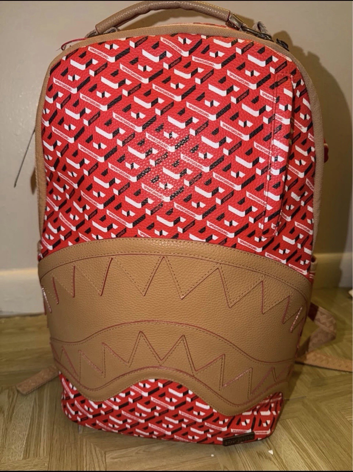 Sprayground Limited Edition Geometric Faux Leather Zip Backpack Red/Tan