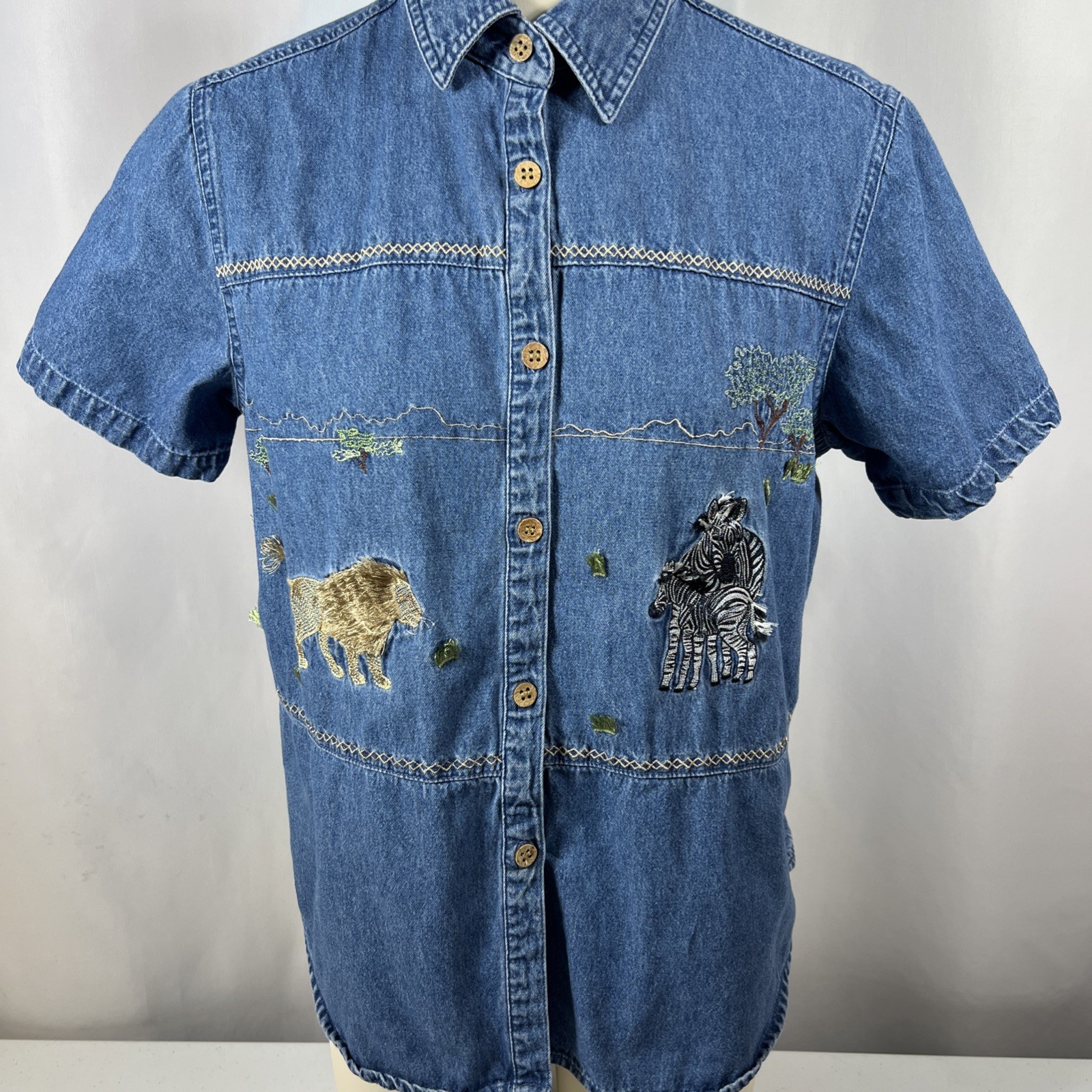 Vintage Lemon Grass Safari Denim Blouse Lion Zeba Embroidery Size Petite Medium