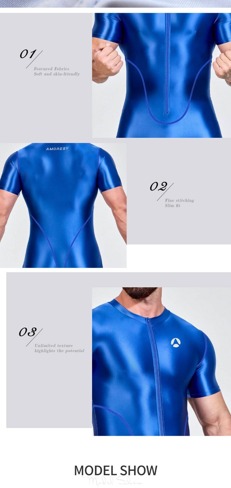 NEW AMORESY Men Shiny Glossy Tracksuits Bodysuit Tights Jumpsuits Overalls Suits