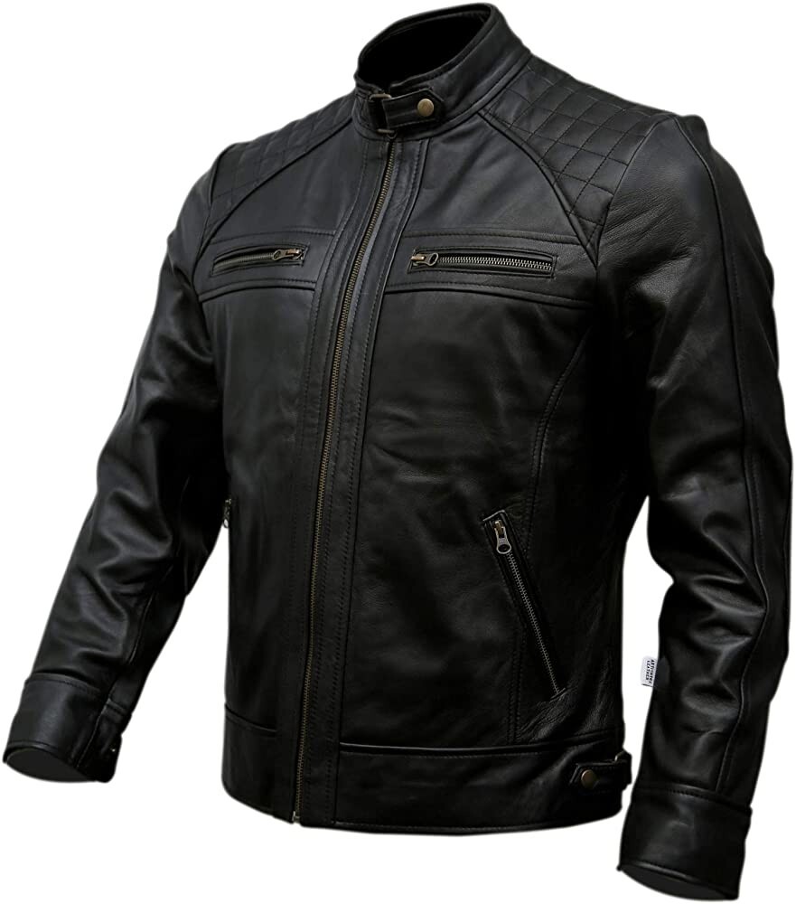 Men’s Real Leather Biker Style Motorcycle Fashion Jacket-Black