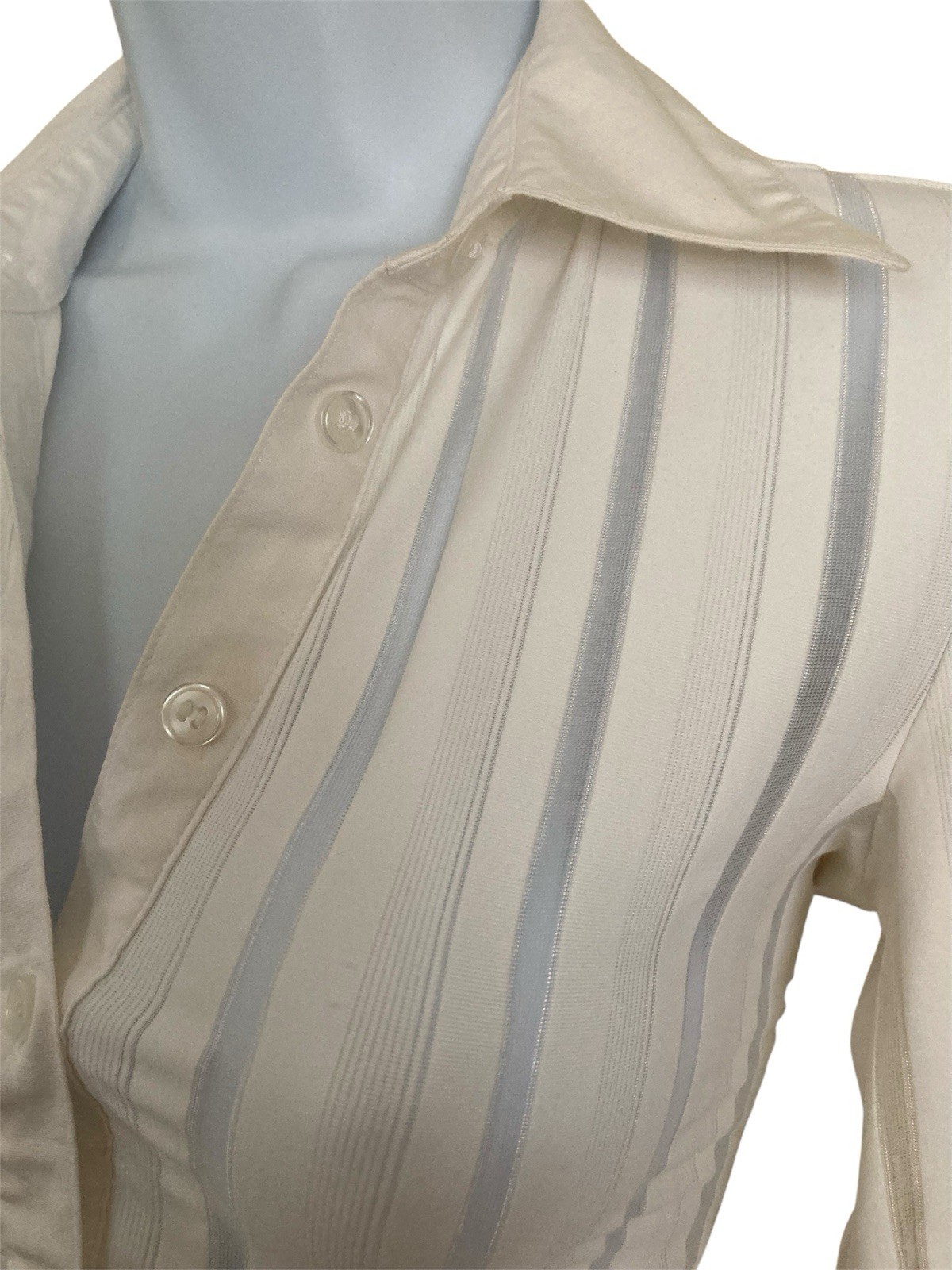 Vintage 90s Y2k White Mesh Office Fitted Button Down 3/4 Sleeve Collared Shirt