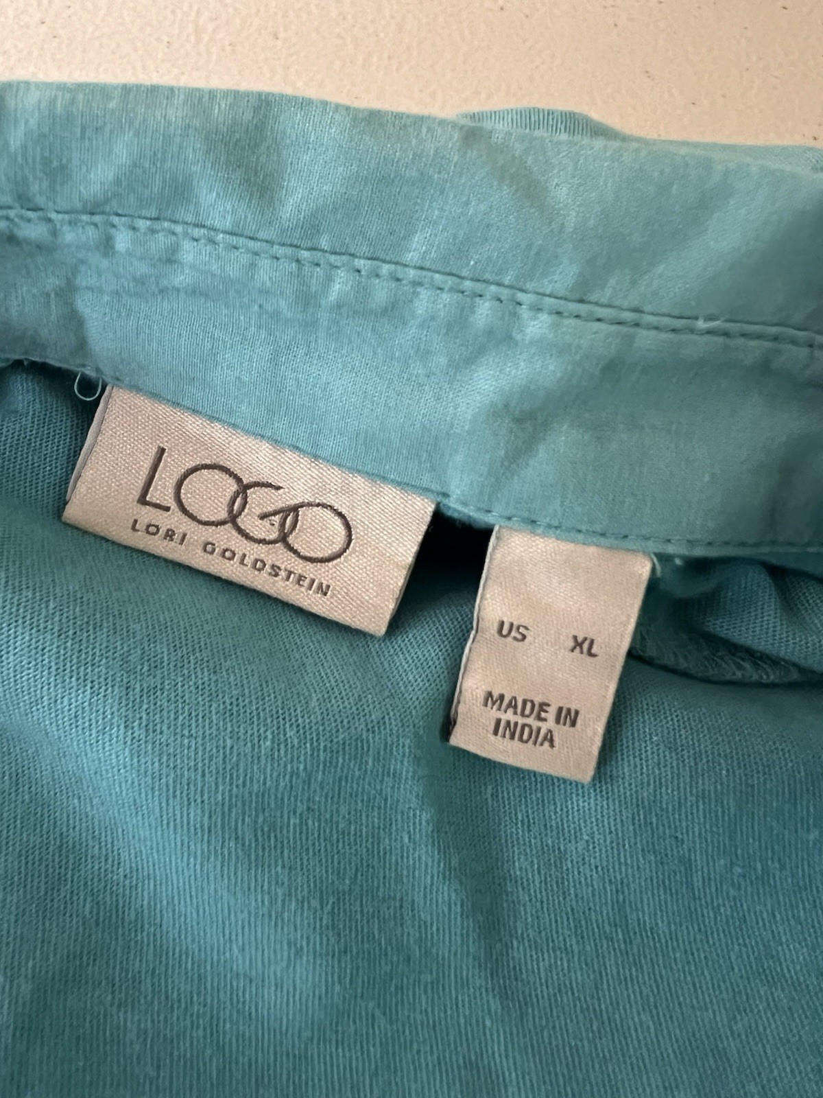 LOGO Lori Goldstein Cotton Eyelet Lace Tunic Top XL Button Down Boho Blue