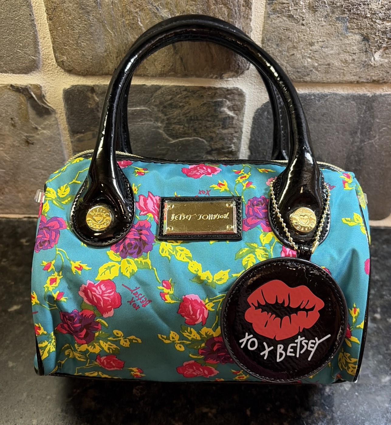 Betsy Johnson Mini Satchel Purse XO X Betsy Teal Pink Yellow Roses Black Patent
