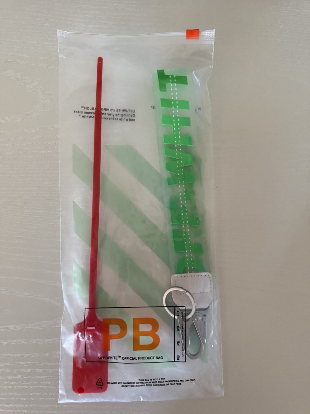 Off-White Striped Logo Zip Tie Key Chain Detachable Metal Clip Ring Red/Green
