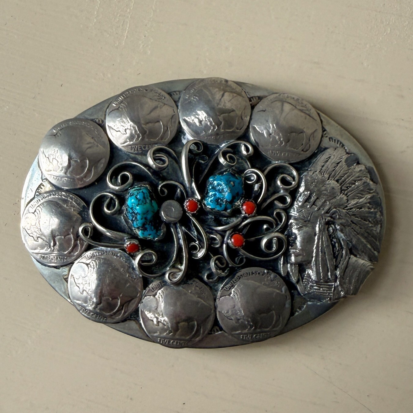 Vtg Buffalo Nickel Silver Handcrafted Belt Buckle Native American Turquoise