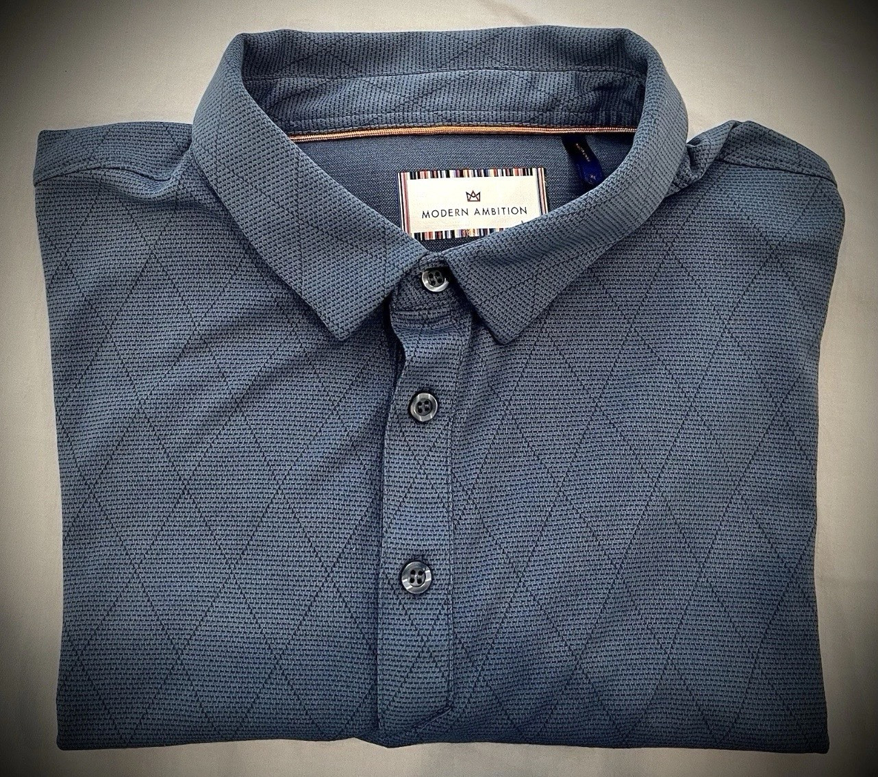Modern Ambition Men’s Blue Argyle/Diamond Polo Shirt Short Sleeve Button XL