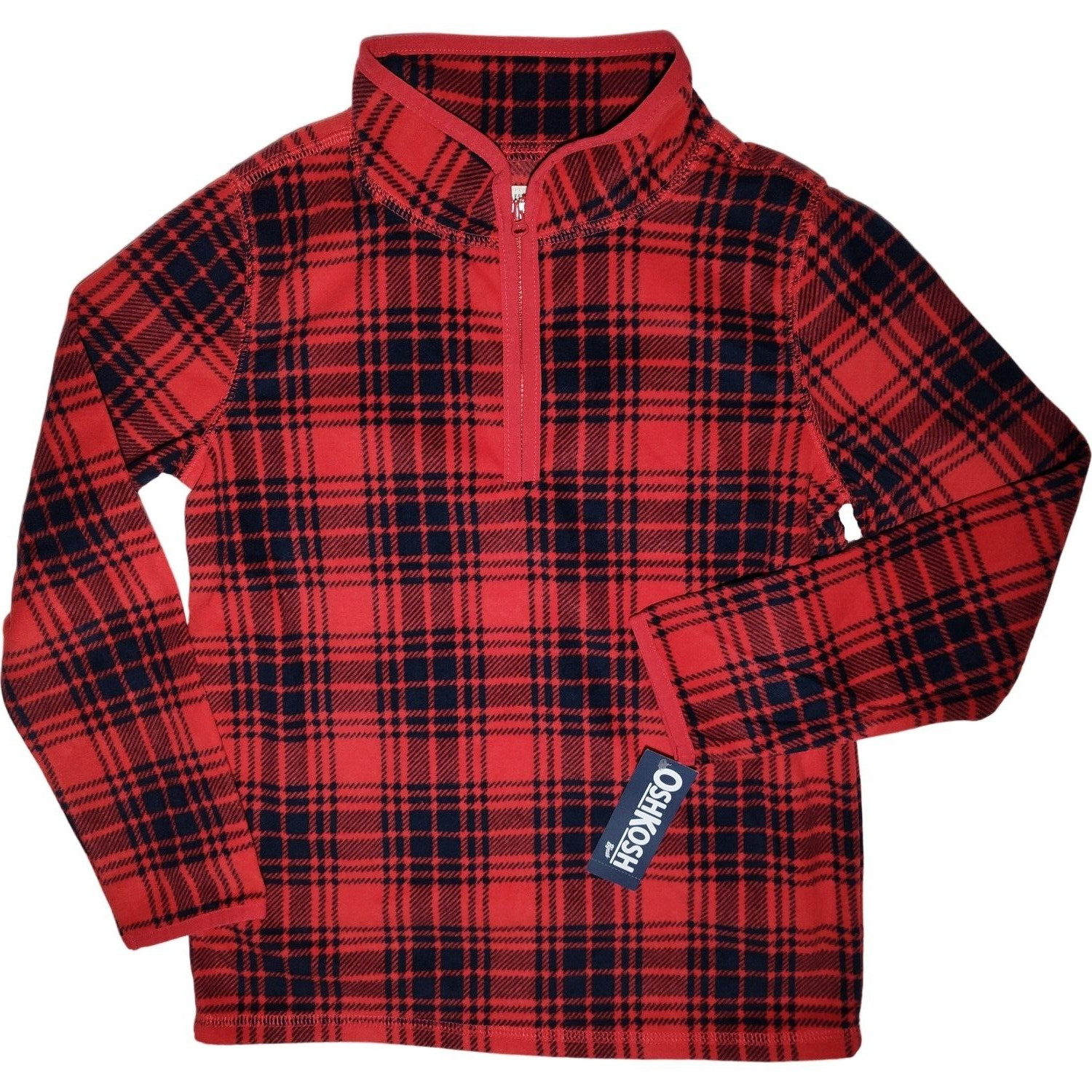 Oshkosh Boys Fleece Pullover Size 10 Red Black Plaid 1/4 Front Zip Thin Soft NWT