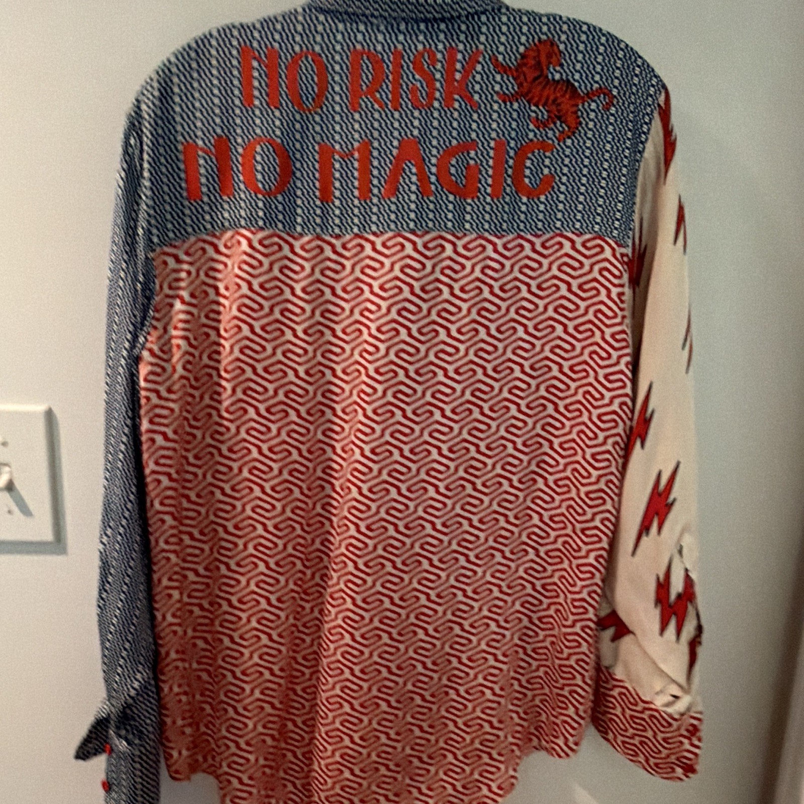 2 Me 369 Silk Multicolor Mixed Print Long Sleeve Button-Up Shirt, Pockets, XS