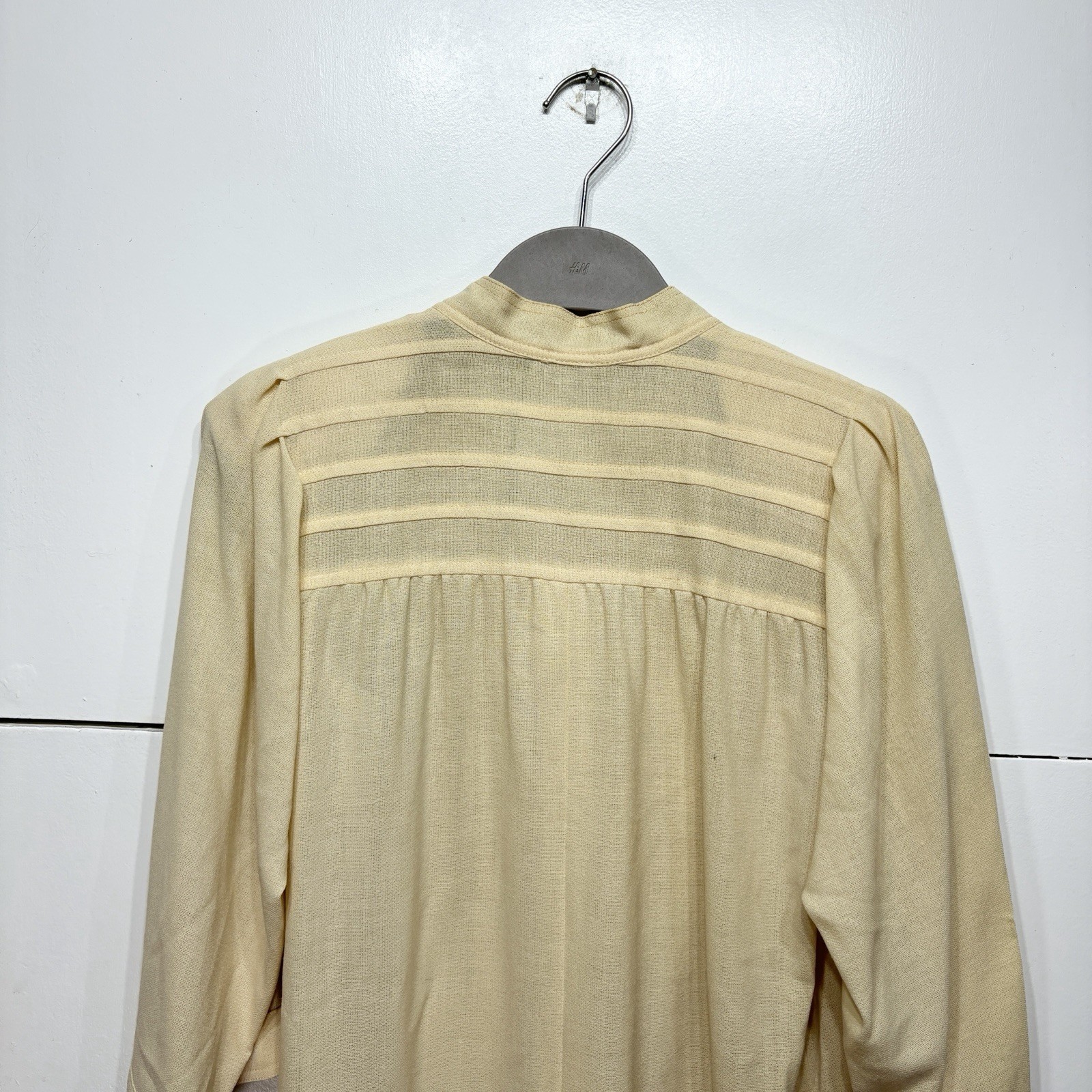 Jean Muir Dress Vintage Yellow Toggle Button Neck Tie Shoulder Padded UK 10