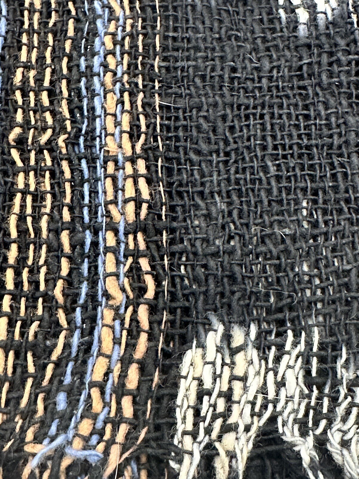 Hand Woven Scarf Hemp Open Weave Blue Tan Black & White
