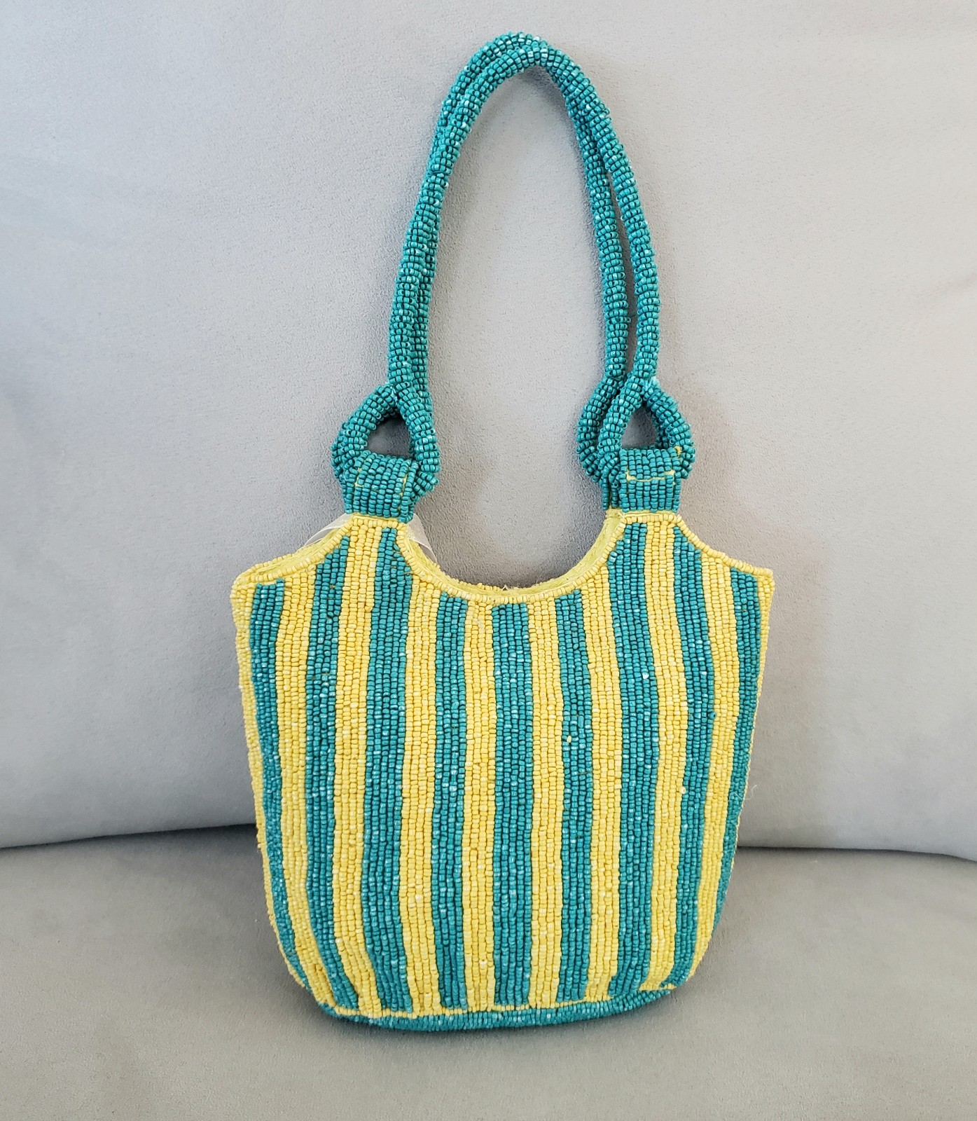 Sardines In A Can Beaded Bag Striped Yellow Teal Pink Fish Handcrafted in India