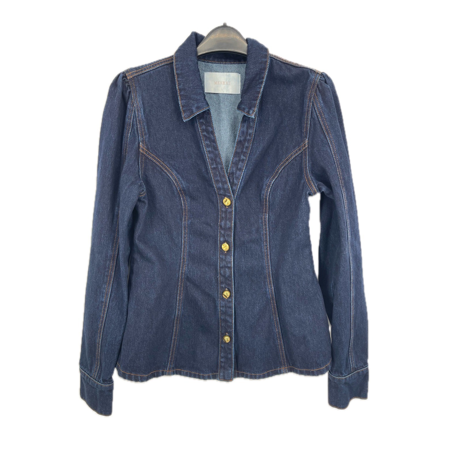 Meshki Dark Wash Denim Tailored Jacket Gold Buttons Blue Large DN08362